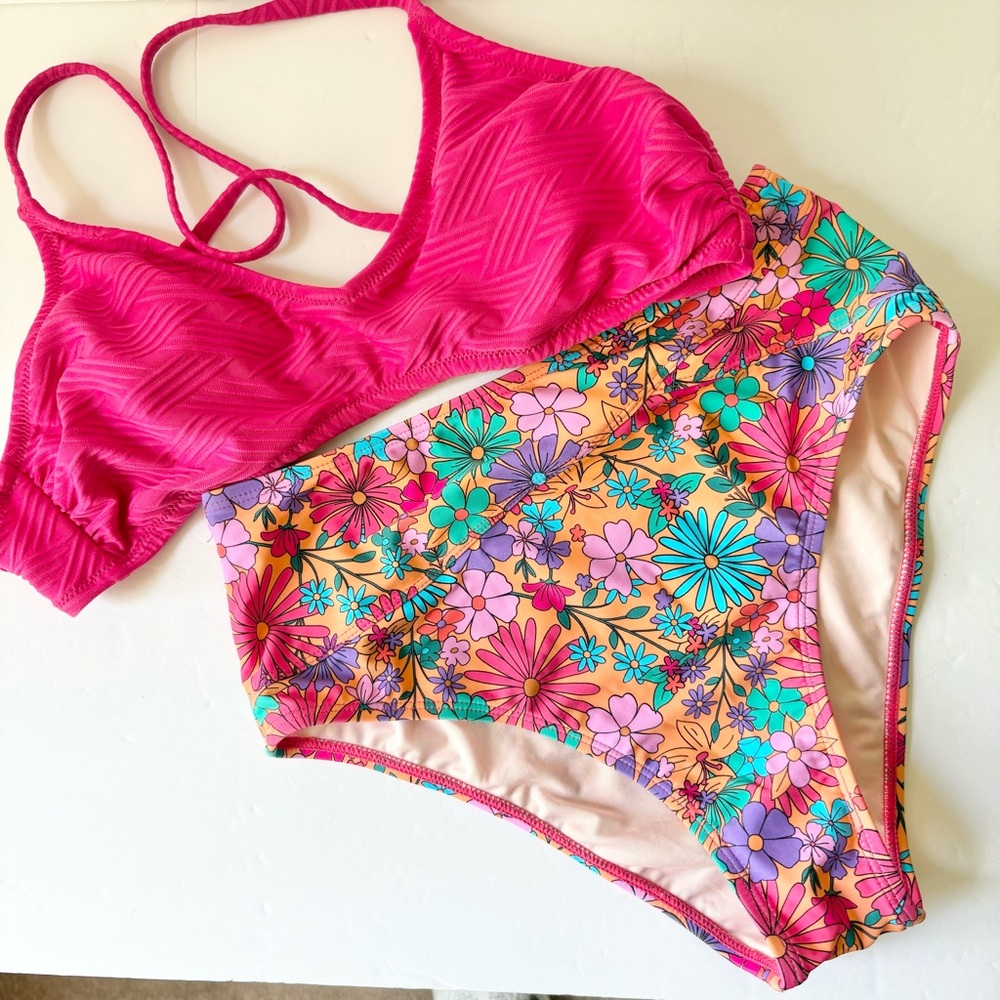 Hot Pink & Retro Floral Print Bikini Swimsuit